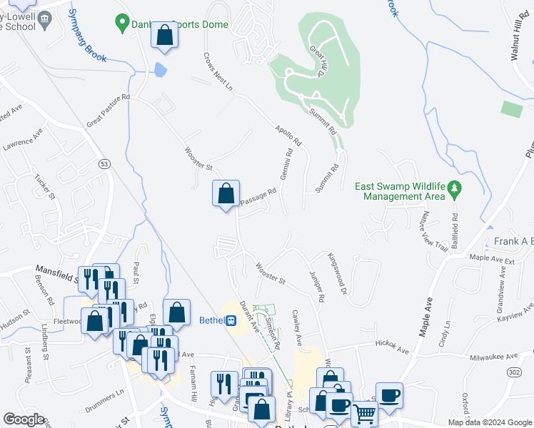 map of restaurants, bars, coffee shops, grocery stores, and more near 93 Wooster Street in Bethel