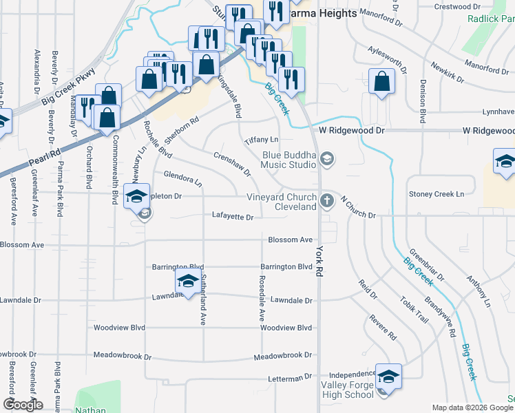 map of restaurants, bars, coffee shops, grocery stores, and more near 6744 Crenshaw Drive in Parma Heights
