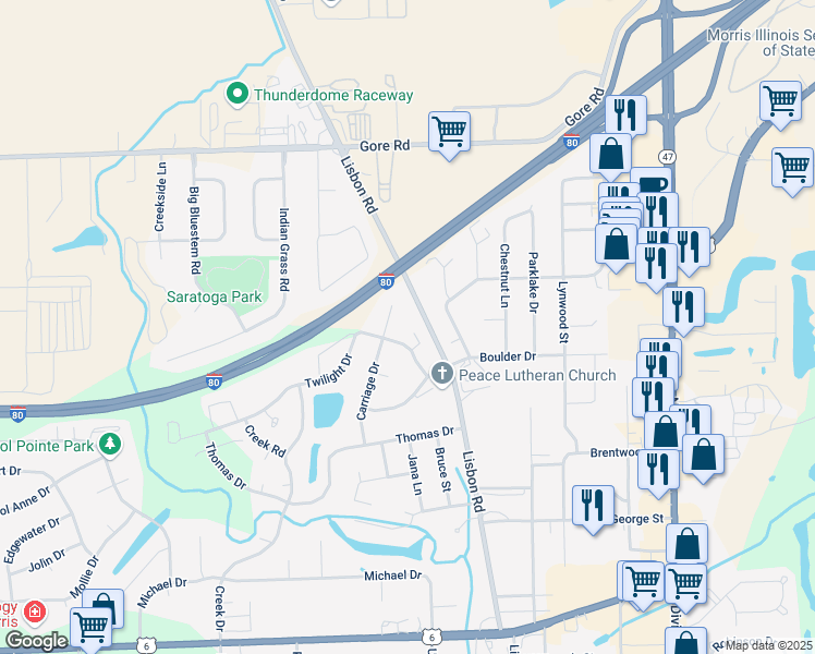 map of restaurants, bars, coffee shops, grocery stores, and more near 215 Twilight Drive in Morris