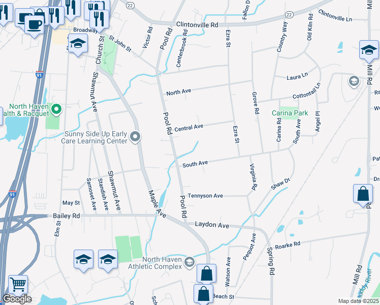 map of restaurants, bars, coffee shops, grocery stores, and more near 11 South Avenue in North Haven