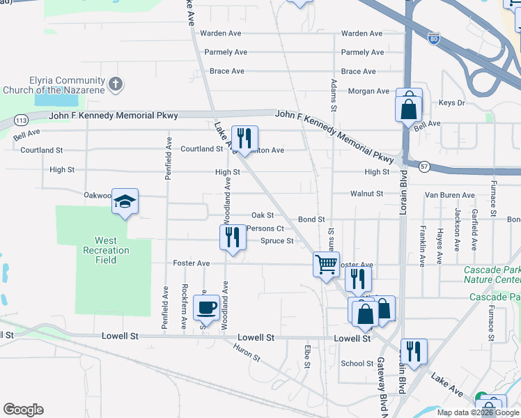 map of restaurants, bars, coffee shops, grocery stores, and more near 142 Oak Street in Elyria