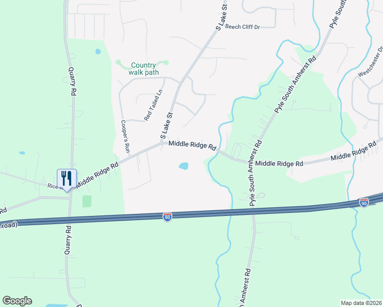 map of restaurants, bars, coffee shops, grocery stores, and more near 47525 Middle Ridge Road in Amherst