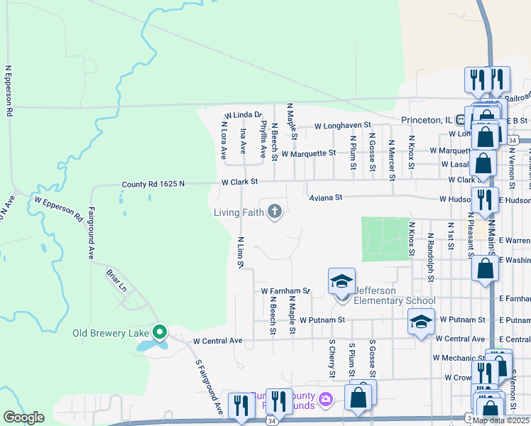 map of restaurants, bars, coffee shops, grocery stores, and more near 1108 North Jacqualine Lane in Princeton