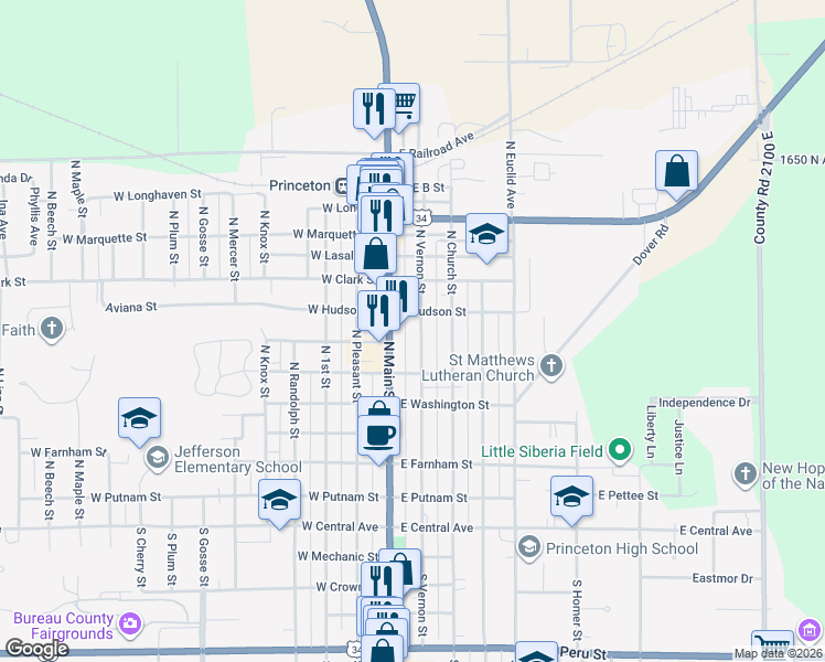 map of restaurants, bars, coffee shops, grocery stores, and more near 525 North Main Street in Princeton