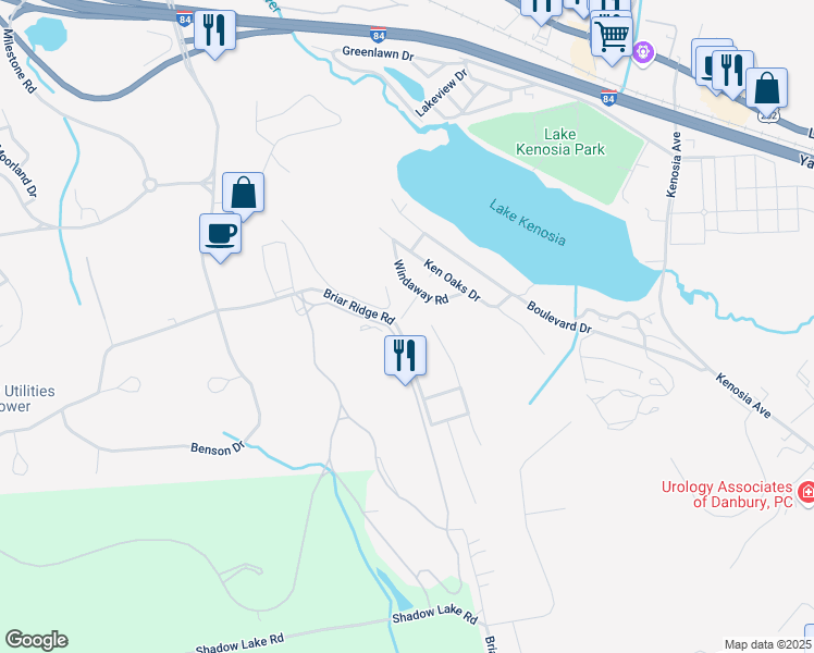 map of restaurants, bars, coffee shops, grocery stores, and more near 66 Briar Ridge Road in Danbury