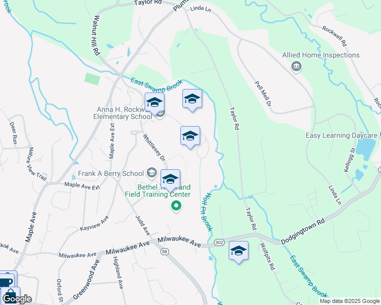 map of restaurants, bars, coffee shops, grocery stores, and more near 600 Whittlesey Drive in Bethel