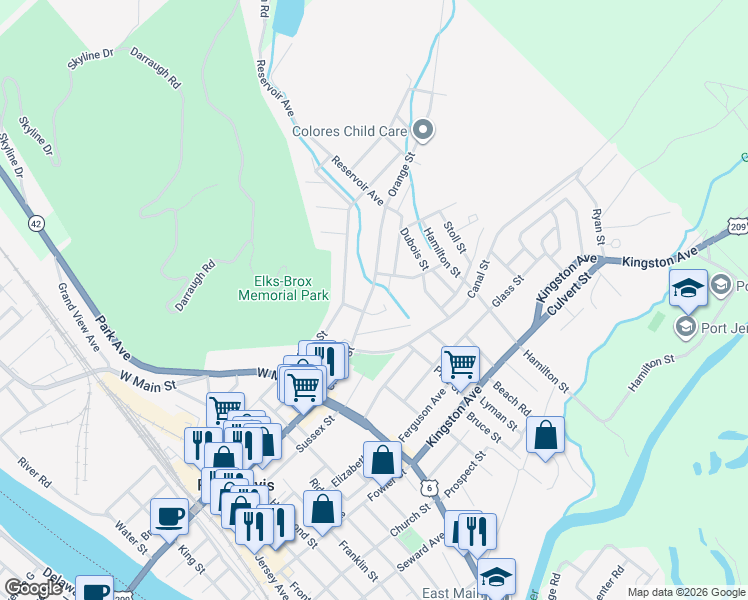 map of restaurants, bars, coffee shops, grocery stores, and more near 15 Hornbeck Avenue in Port Jervis