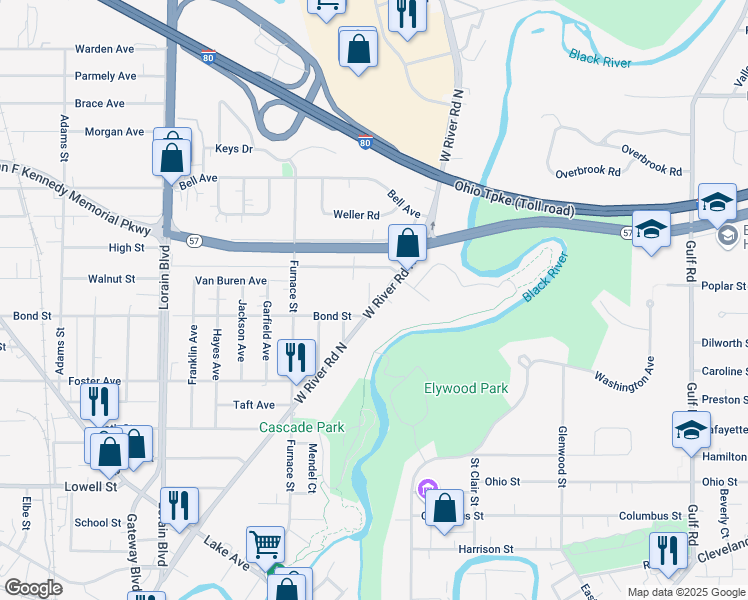 map of restaurants, bars, coffee shops, grocery stores, and more near 932 West River Road North in Elyria