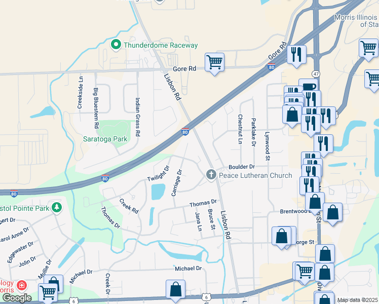 map of restaurants, bars, coffee shops, grocery stores, and more near 215 Twilight Drive in Morris