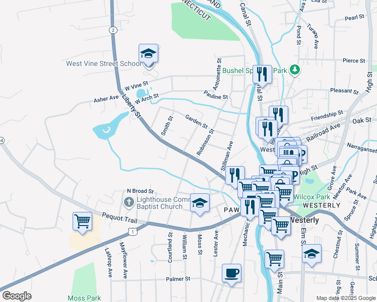 map of restaurants, bars, coffee shops, grocery stores, and more near 64 Liberty Street in Stonington