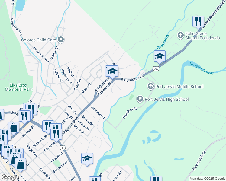 map of restaurants, bars, coffee shops, grocery stores, and more near 19 Fall Street in Port Jervis