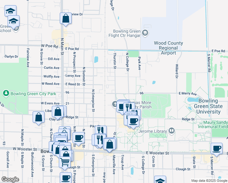 map of restaurants, bars, coffee shops, grocery stores, and more near 530 East Merry Avenue in Bowling Green