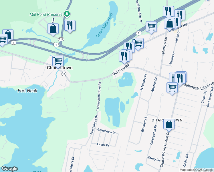 map of restaurants, bars, coffee shops, grocery stores, and more near 45 Maritime Drive in Charlestown