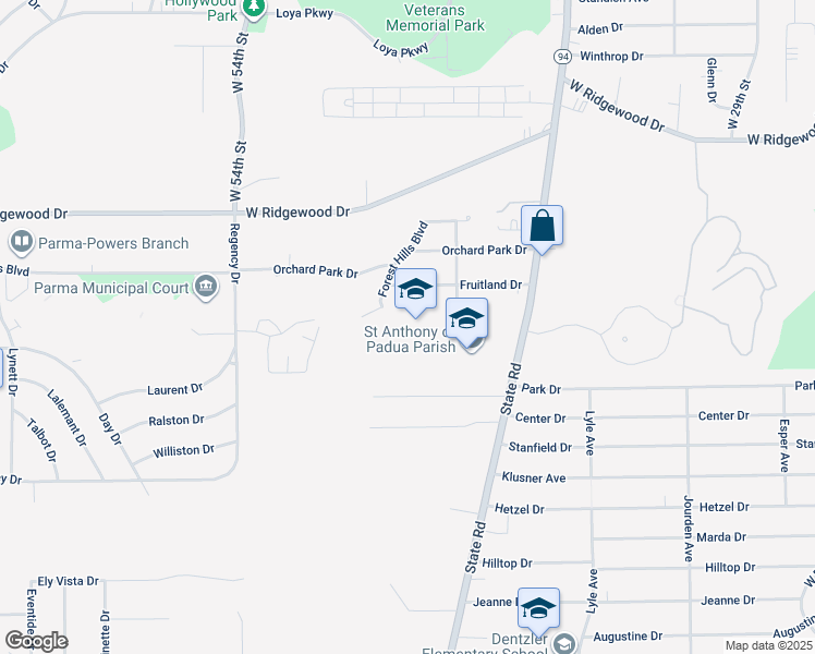 map of restaurants, bars, coffee shops, grocery stores, and more near 6740 State Road in Parma