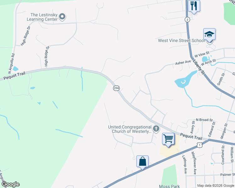 map of restaurants, bars, coffee shops, grocery stores, and more near 159 Pequot Trail in Stonington