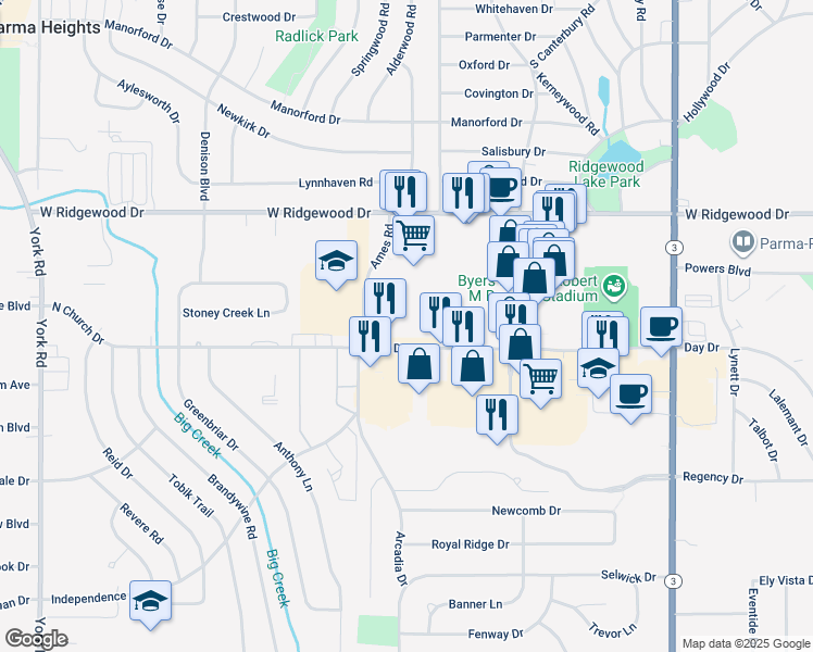 map of restaurants, bars, coffee shops, grocery stores, and more near 8668 Day Drive in Parma