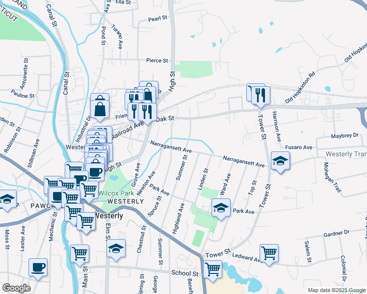 map of restaurants, bars, coffee shops, grocery stores, and more near 58 Highland Avenue in Westerly