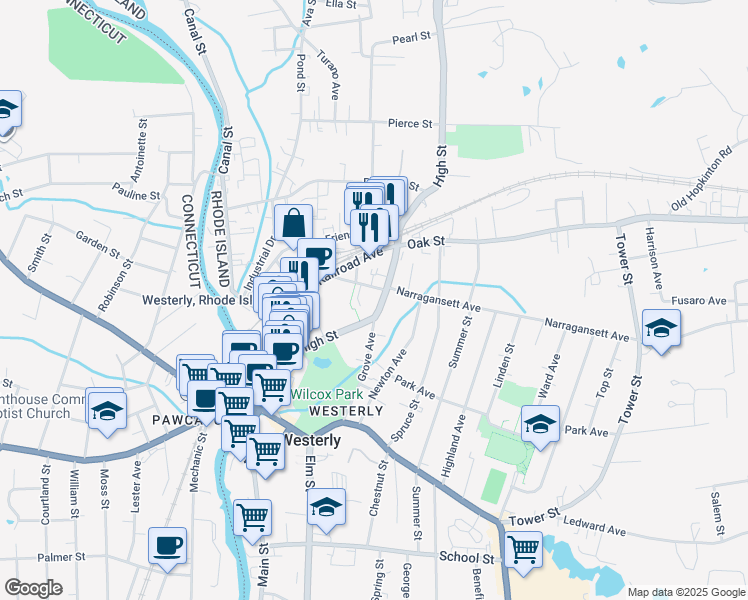 map of restaurants, bars, coffee shops, grocery stores, and more near 45 Grove Avenue in Westerly