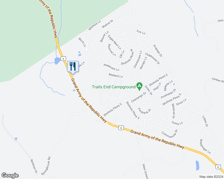 map of restaurants, bars, coffee shops, grocery stores, and more near 121 Woodpecker Lane in Shohola