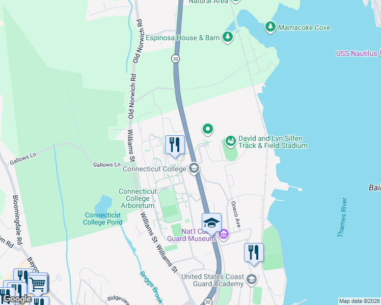 map of restaurants, bars, coffee shops, grocery stores, and more near 270 Mohegan Avenue Parkway in New London
