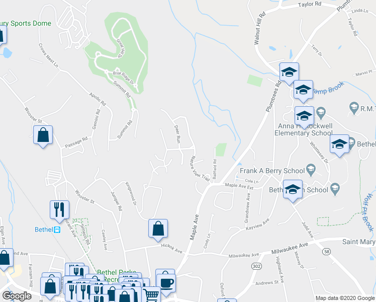 map of restaurants, bars, coffee shops, grocery stores, and more near 38 Hunting Ridge Lane in Bethel