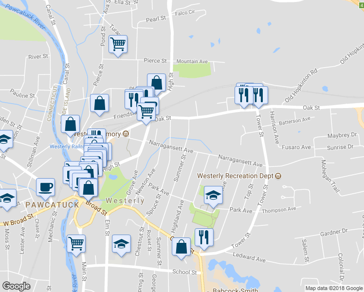map of restaurants, bars, coffee shops, grocery stores, and more near 15 Haswell Street in Westerly