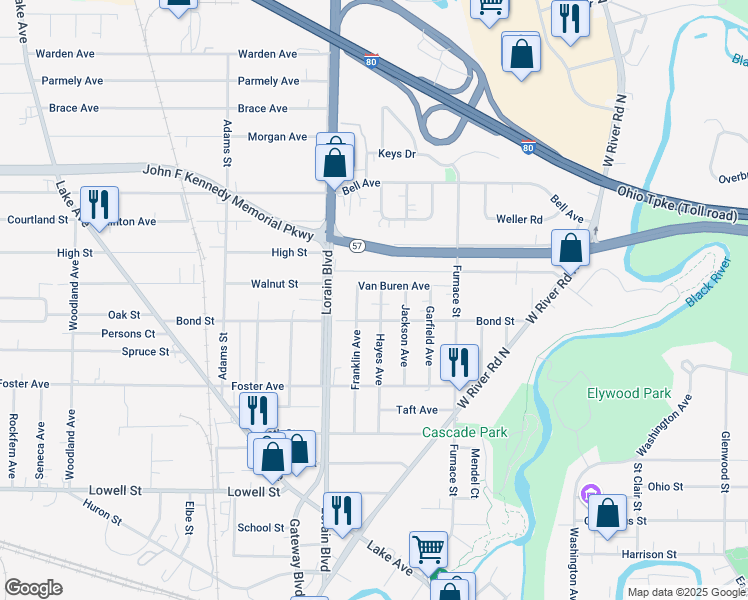 map of restaurants, bars, coffee shops, grocery stores, and more near 366 Bond Street in Elyria