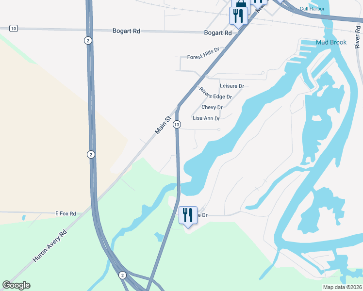 map of restaurants, bars, coffee shops, grocery stores, and more near 1132 Mudbrook Road in Huron
