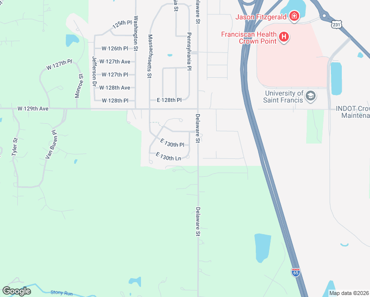 map of restaurants, bars, coffee shops, grocery stores, and more near 381 East 130th Lane in Crown Point