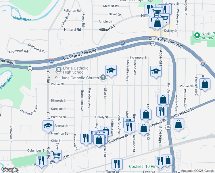 map of restaurants, bars, coffee shops, grocery stores, and more near 590 Poplar Street in Elyria