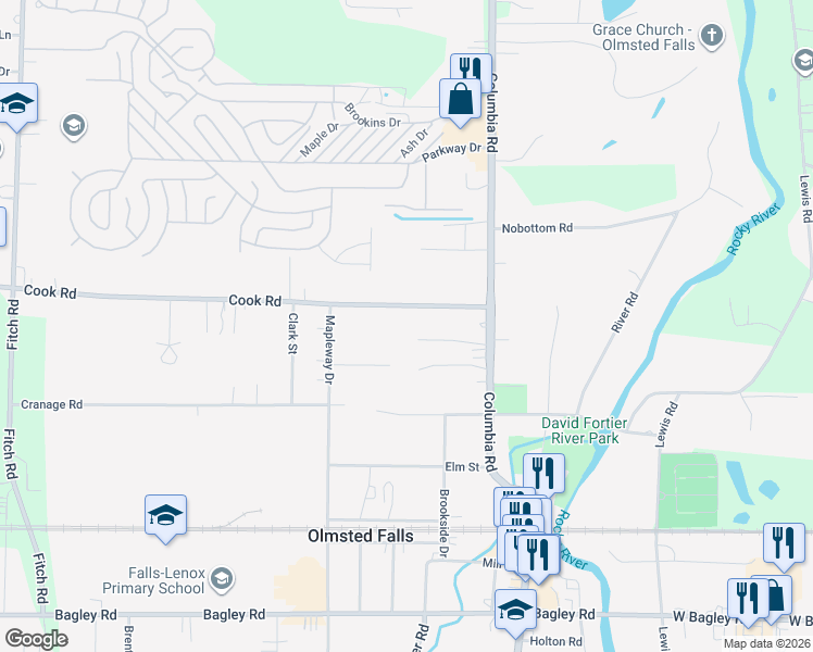 map of restaurants, bars, coffee shops, grocery stores, and more near 25792 Cook Road in Olmsted Falls