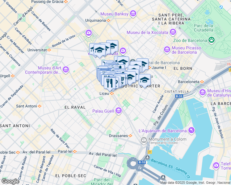 map of restaurants, bars, coffee shops, grocery stores, and more near 13 Carrer del Cardenal Casañas in Barcelona