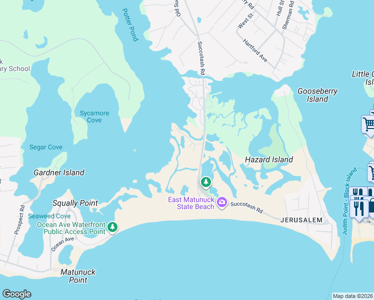 map of restaurants, bars, coffee shops, grocery stores, and more near 799 Succotash Road in South Kingstown