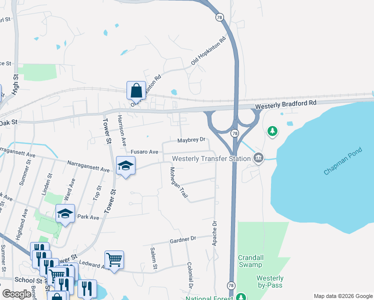 map of restaurants, bars, coffee shops, grocery stores, and more near 16 Maybrey Drive in Westerly