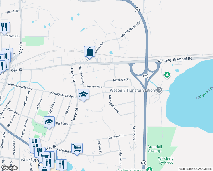 map of restaurants, bars, coffee shops, grocery stores, and more near 10A Marichris Dr in Westerly
