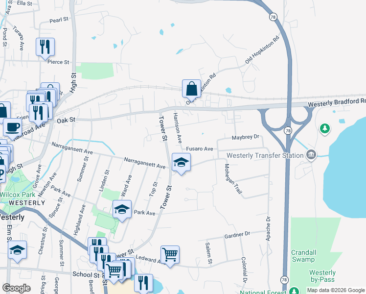 map of restaurants, bars, coffee shops, grocery stores, and more near 13 Harrison Avenue in Westerly
