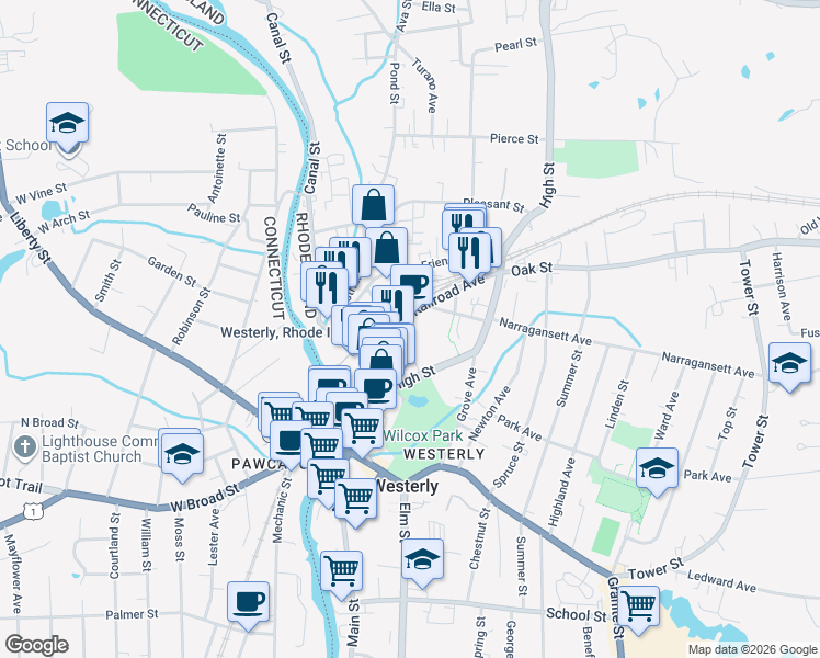 map of restaurants, bars, coffee shops, grocery stores, and more near 10 Railroad Avenue in Westerly
