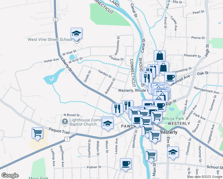 map of restaurants, bars, coffee shops, grocery stores, and more near 25 Robinson Street in Stonington