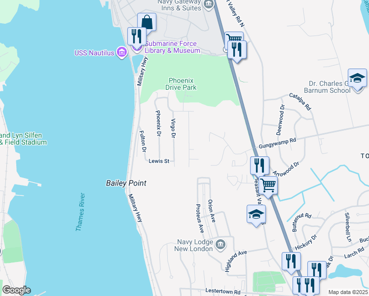 map of restaurants, bars, coffee shops, grocery stores, and more near 52 Pegasus Drive in Groton