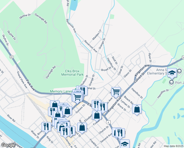 map of restaurants, bars, coffee shops, grocery stores, and more near 63 Orange Street in Port Jervis