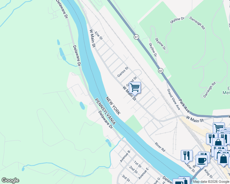map of restaurants, bars, coffee shops, grocery stores, and more near 216 West Main Street in Port Jervis