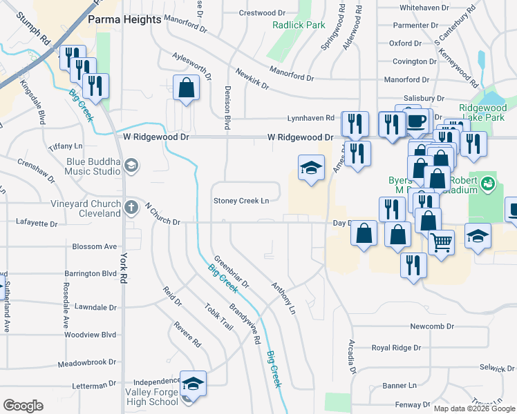 map of restaurants, bars, coffee shops, grocery stores, and more near 9474 Stoney Creek Lane in Parma Heights