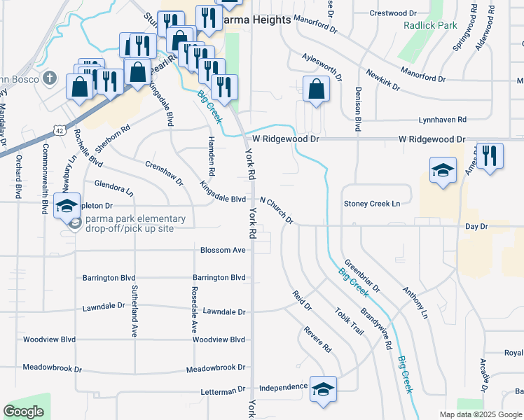 map of restaurants, bars, coffee shops, grocery stores, and more near 10438 North Church Drive in Parma Heights