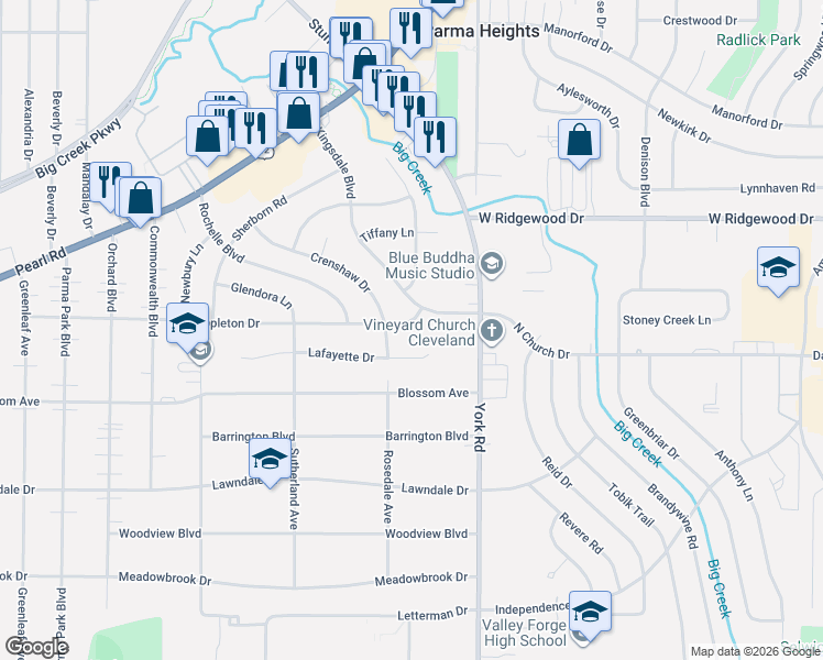 map of restaurants, bars, coffee shops, grocery stores, and more near 6655 Kingsdale Boulevard in Parma Heights