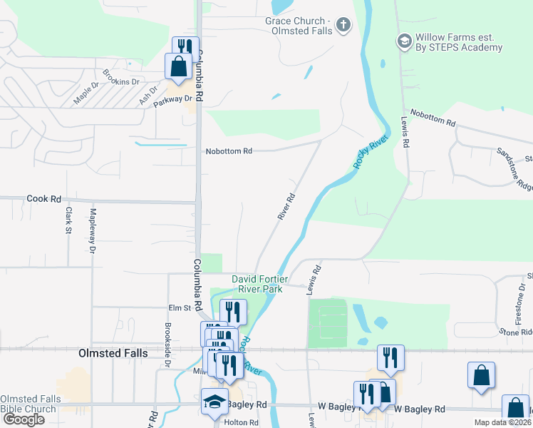 map of restaurants, bars, coffee shops, grocery stores, and more near 7486 River Road in Olmsted Falls