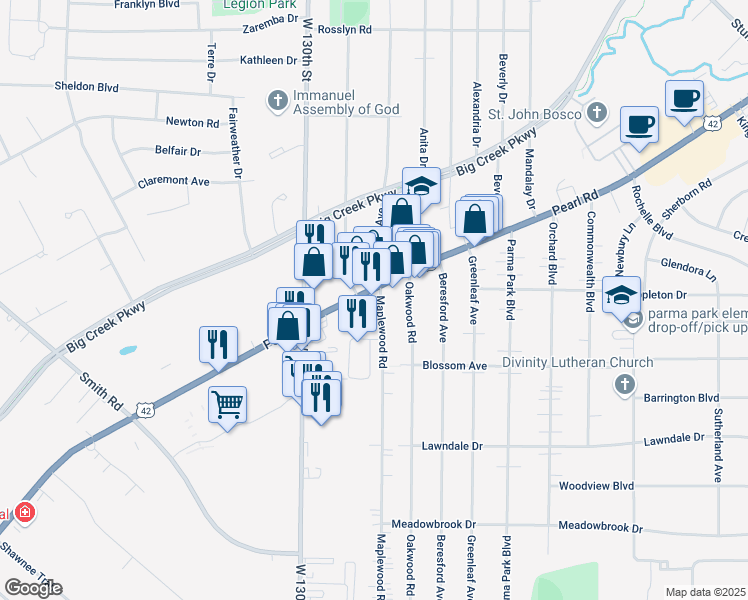 map of restaurants, bars, coffee shops, grocery stores, and more near 6666 Pearl Road in Parma Heights