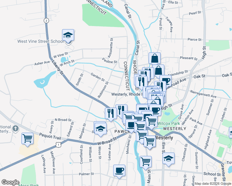 map of restaurants, bars, coffee shops, grocery stores, and more near 32 Stillman Avenue in Stonington