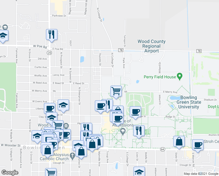 map of restaurants, bars, coffee shops, grocery stores, and more near 707 East Merry Avenue in Bowling Green