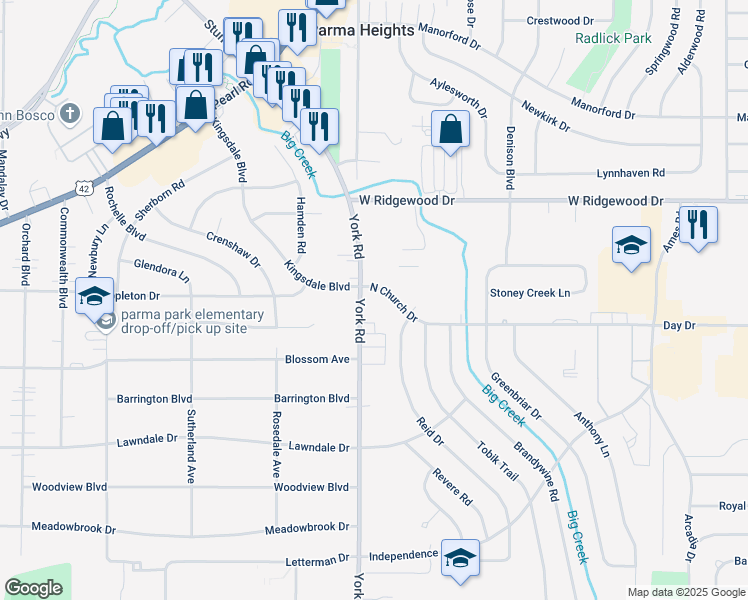 map of restaurants, bars, coffee shops, grocery stores, and more near 10438 North Church Drive in Parma Heights