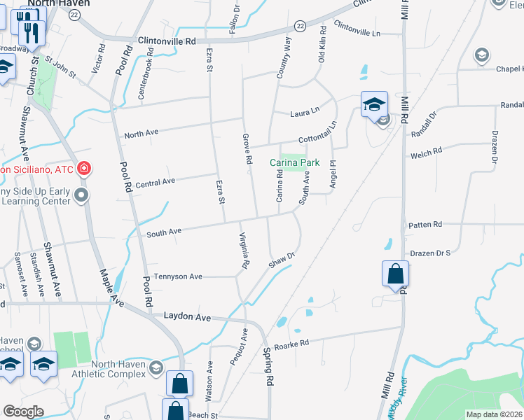 map of restaurants, bars, coffee shops, grocery stores, and more near 97 Grove Road in North Haven